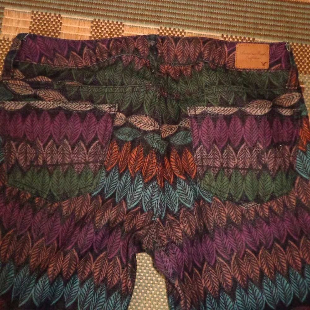 American Eagle Outfitters Stretch Jeggings 4 Leaf/Feather Multicolored Zip Leg - Picture 12 of 16